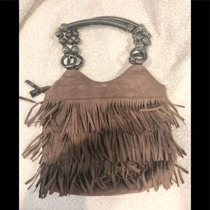 Brown micro suede fringe handbag w leather handles